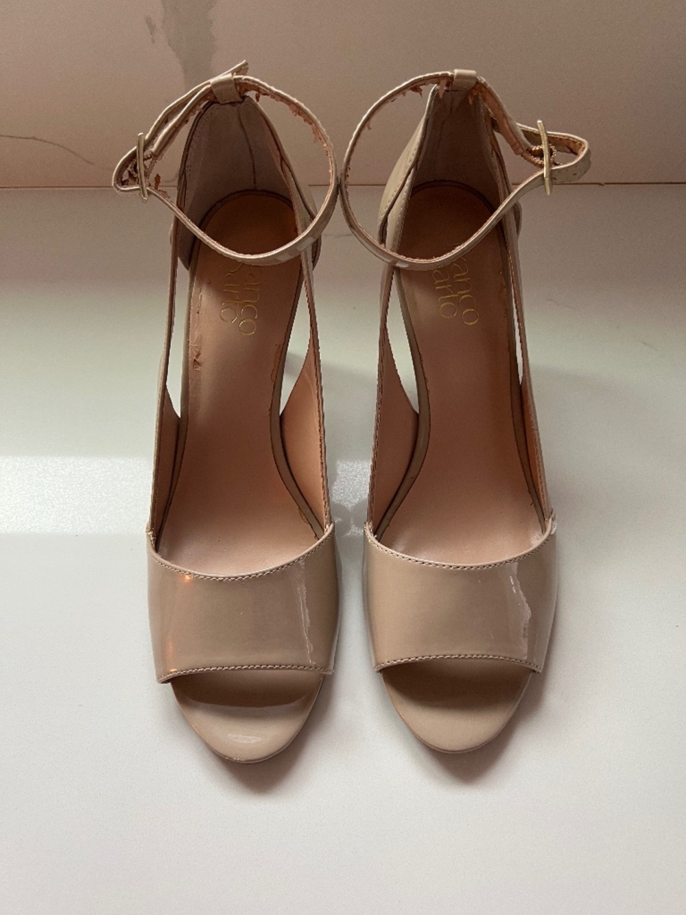 Franco Sarto Emmy Nude Patent Leather Open Toe Heels Size 9.5 - Picture 2 of 11
